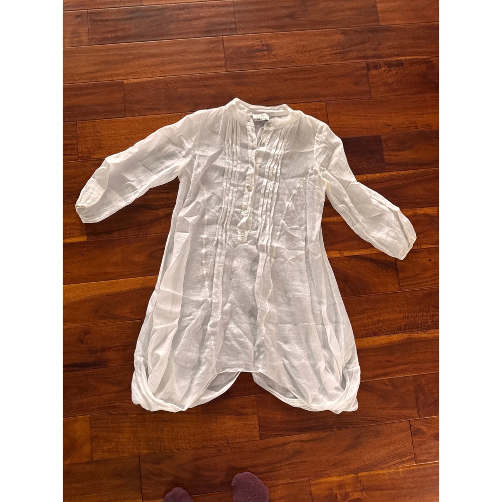 Class‎ Made in Italy White 100% Linen Pleated Bib Bubble Hem Tunic Top Womens
